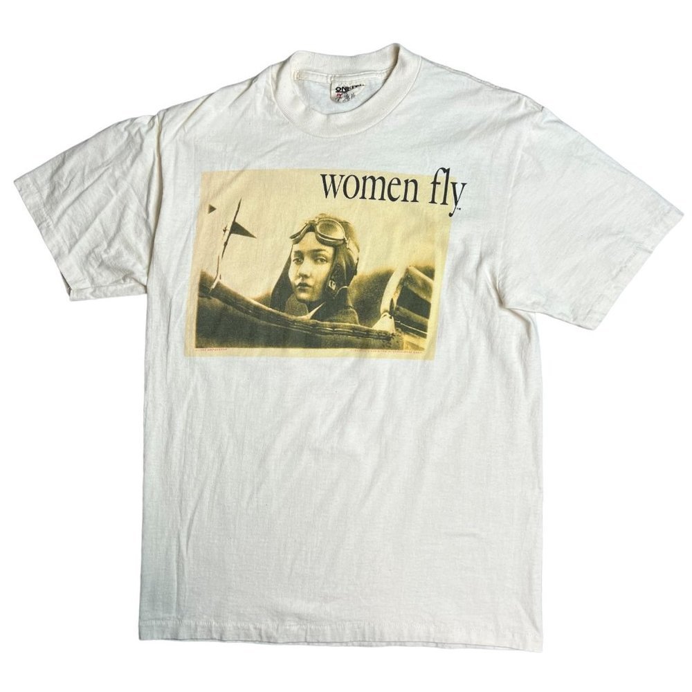 VINTAGE 90s Amelia Earhart Women Fly T-Shirt 1992 Single Stitch Size Medium - Picture 1 of 8
